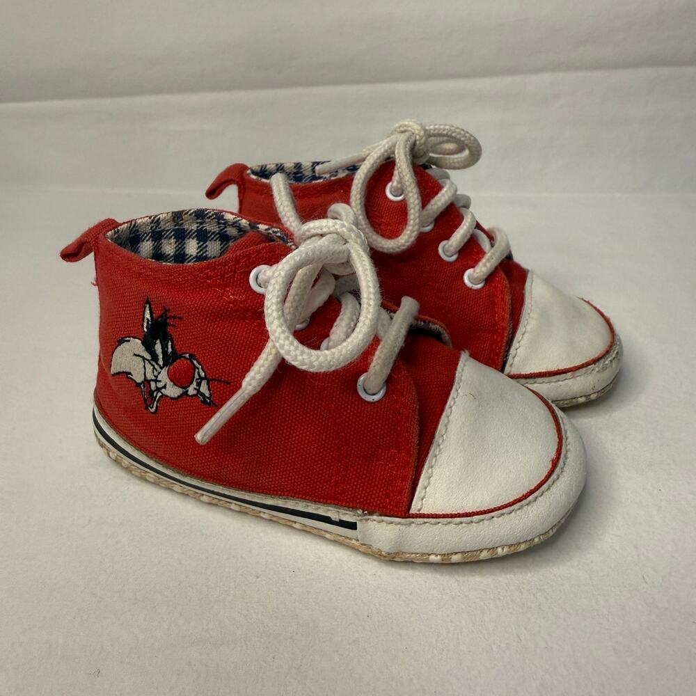 VTG Acme Baby Shoes Size 3 Sylvester Looney Tunes 80s 90s Red High Top Sneakers - Picture 1 of 13